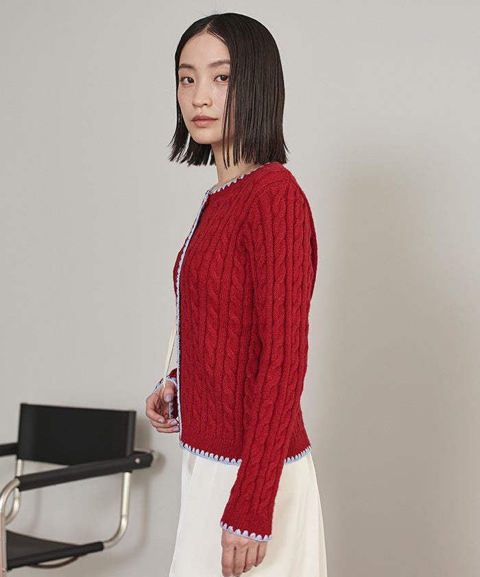 ミエット miette 配色ステッチケーブルニットカーディガン （レッド） レッド
