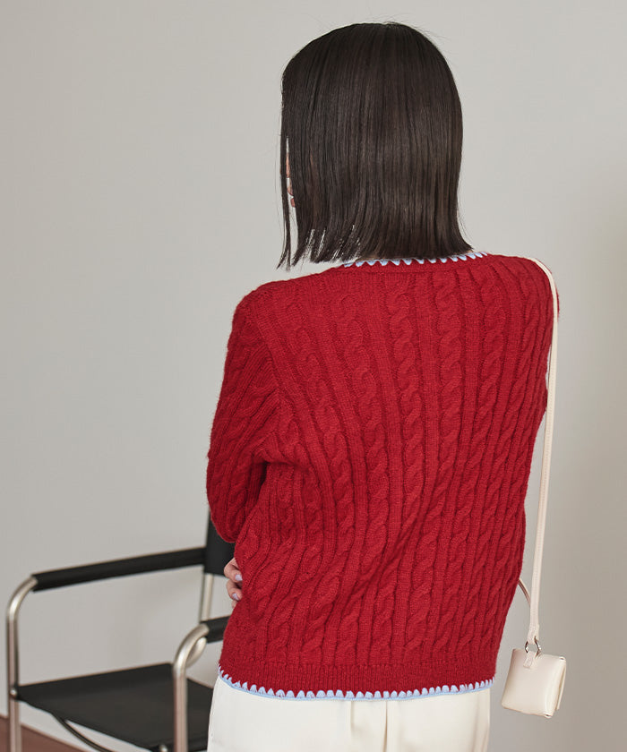 ミエット miette 配色ステッチケーブルニットカーディガン （レッド） レッド