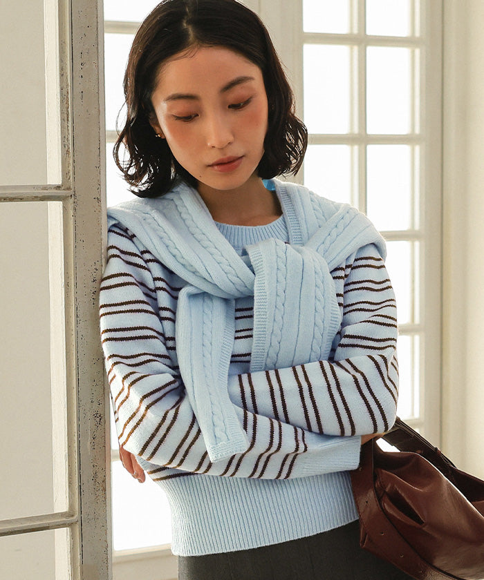 ミエット miette ショール付きマルチボーダーニット （ライトブルー） ライトブルー