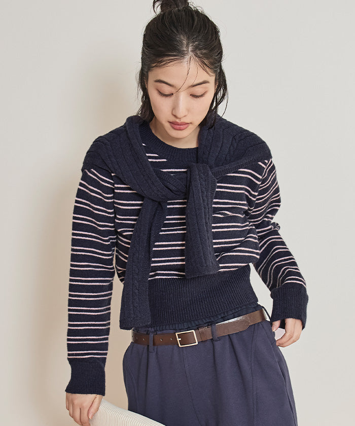 ミエット miette ショール付きマルチボーダーニット （ライトブルー） ライトブルー