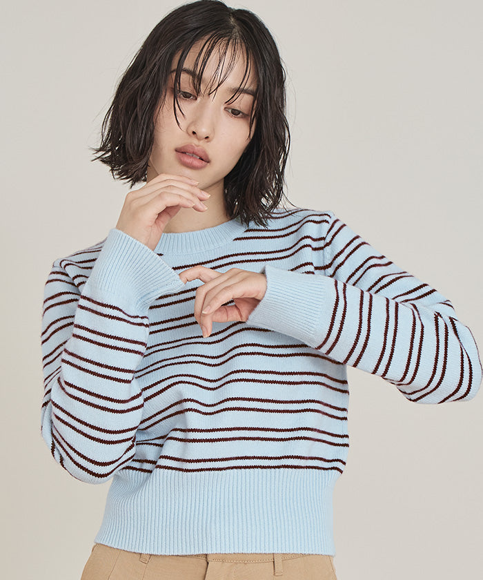 ミエット miette ショール付きマルチボーダーニット （ライトブルー） ライトブルー