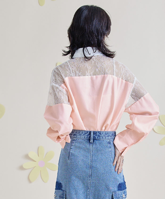ミエット miette レース切替ボーダーシャツ
