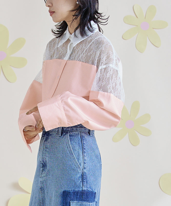 ミエット miette レース切替ボーダーシャツ
