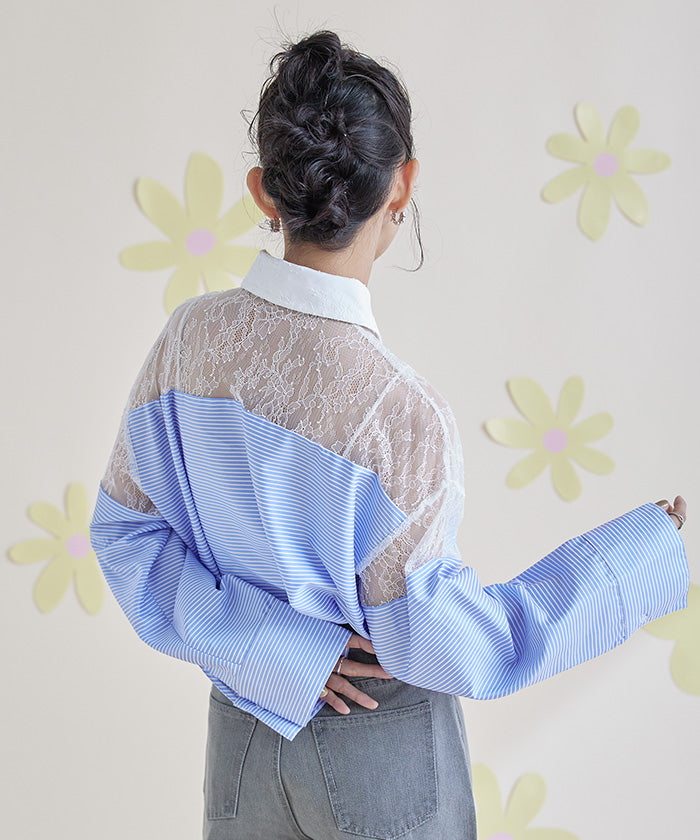 ミエット miette レース切替ボーダーシャツ