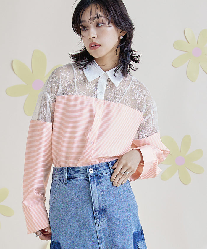 ミエット miette レース切替ボーダーシャツ （ピンク） ピンク