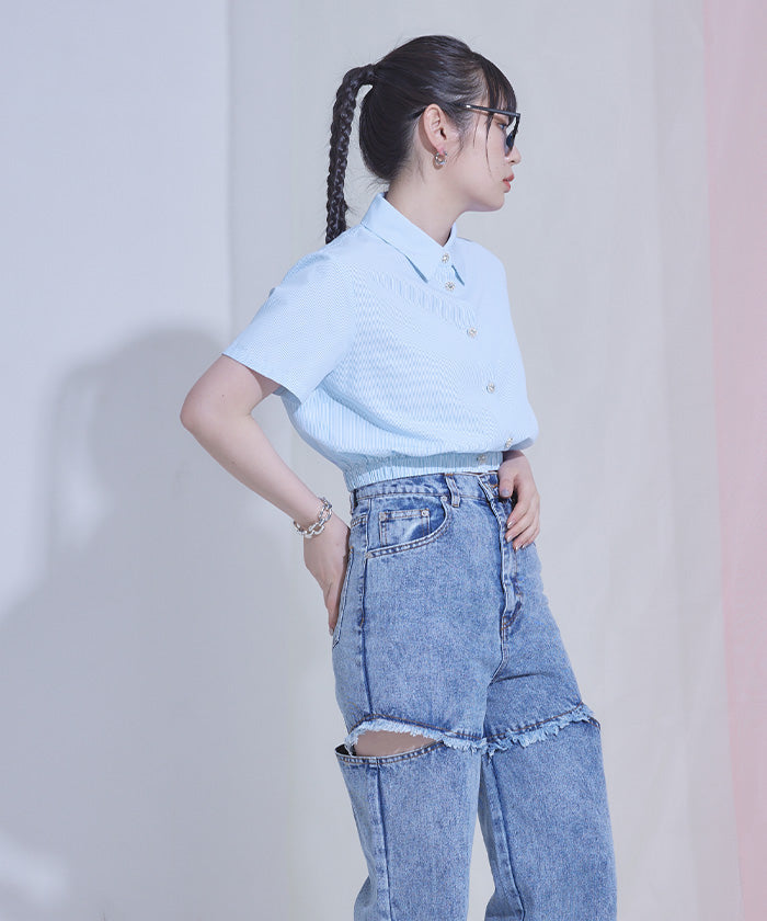 ミエット miette ビジューボタンクロップドシャツ