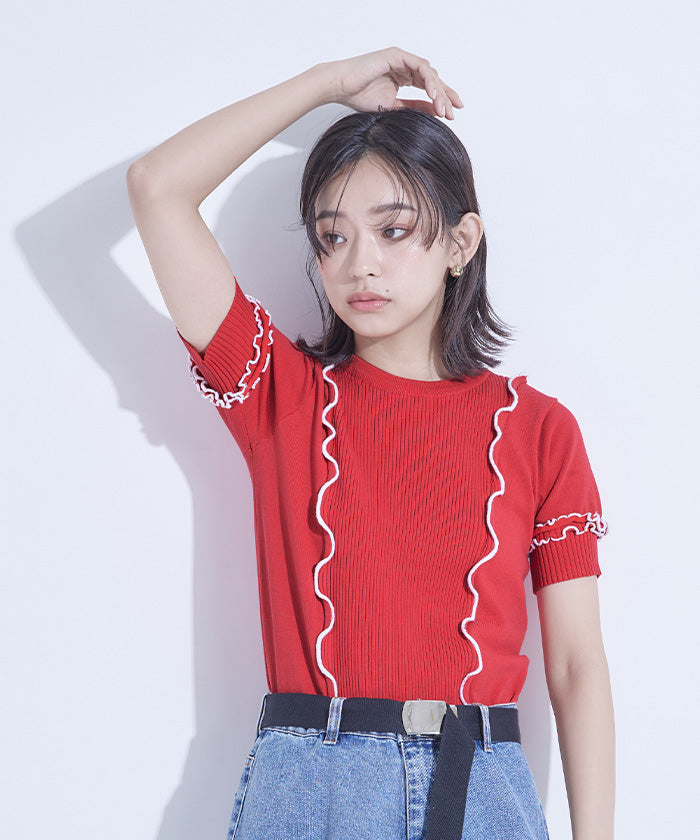 ミエット miette 配色メロー切替トップス （レッド） レッド