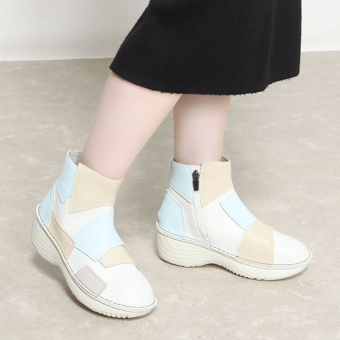 ミライアルキ 軽量パッチワークデザインアンクルブーツ