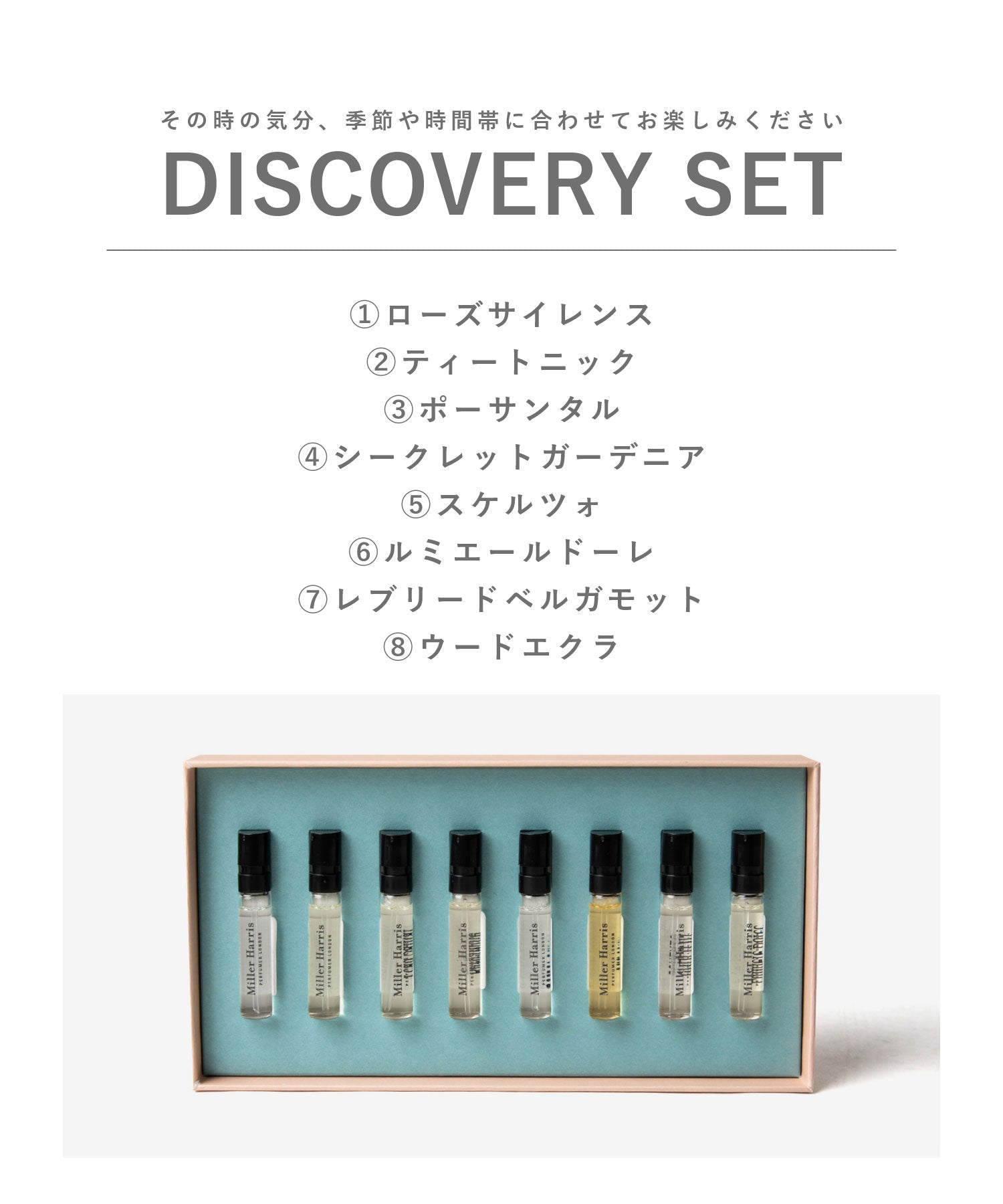 ミラーハリス Miller Harris ミラーハリス Miller Harris DISCOVERY SET ディスカバリーセット オードパルファム 8×2mL ユニセックス ミニセット 8種類 【返品不可商品】 （ディスカバリーセット） ディスカバリーセット