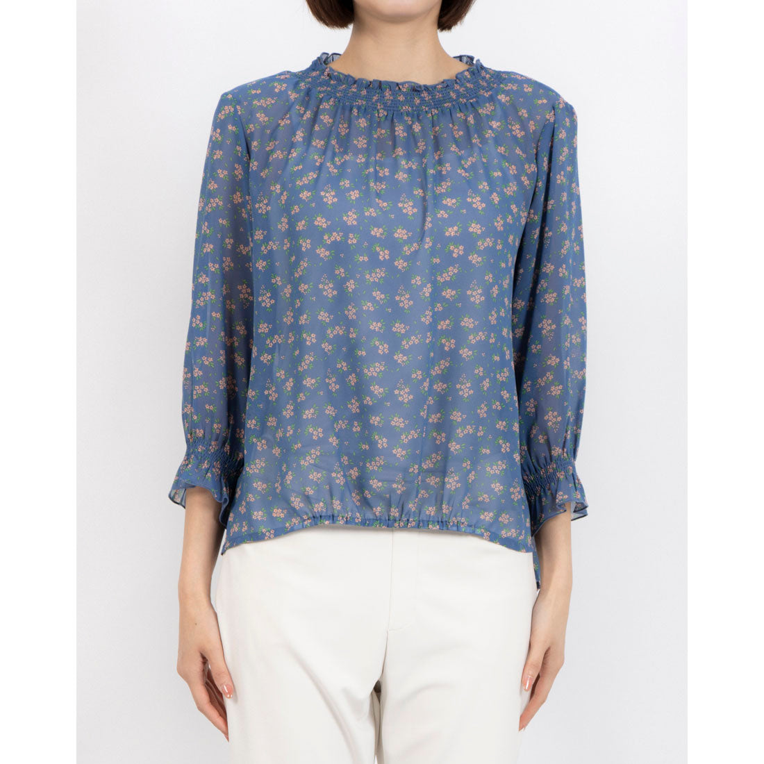 ミ・デゥー mi･deu･･･ 小花柄シャーリングネックブラウス （ブルー） ブルー