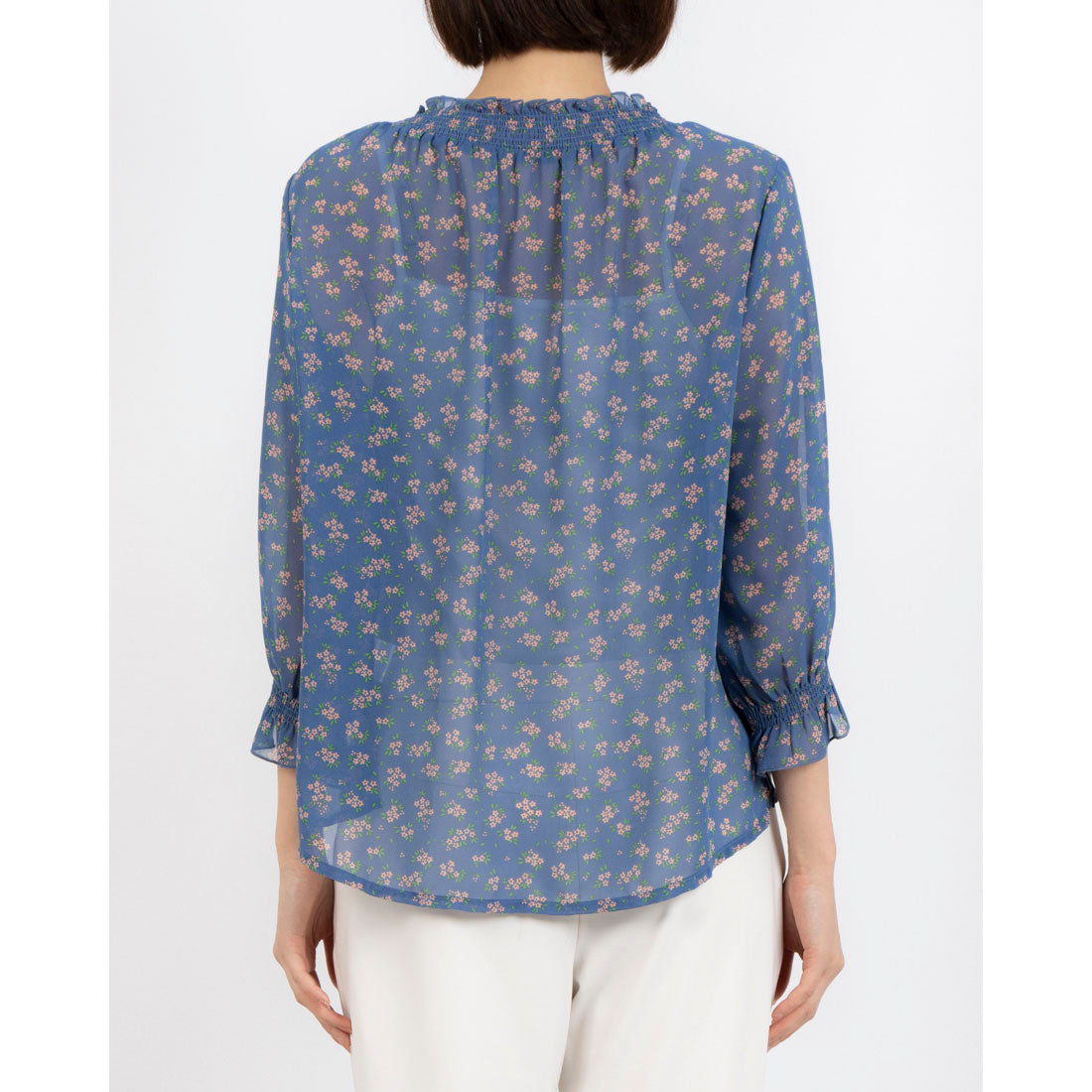 ミ・デゥー mi･deu･･･ 小花柄シャーリングネックブラウス （ブルー） ブルー