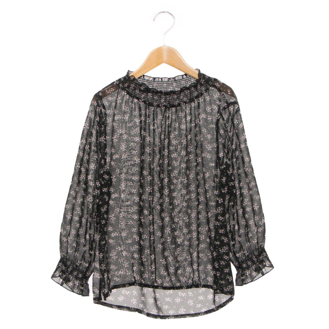 ミ・デゥー mi･deu･･･ 小花柄シャーリングネックブラウス （ブラック） ブラック