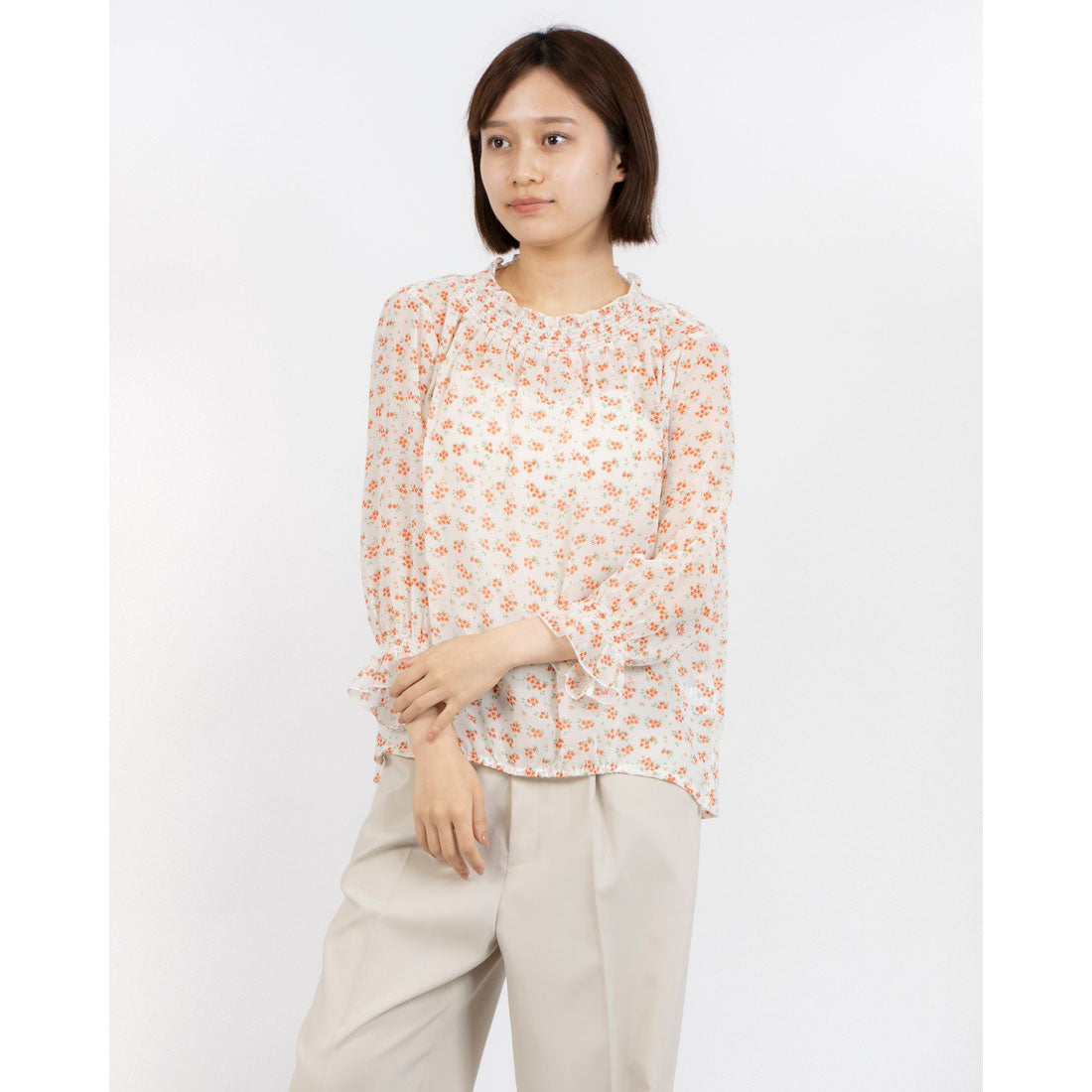 ミ・デゥー mi･deu･･･ 小花柄シャーリングネックBL （オフホワイト） オフホワイト