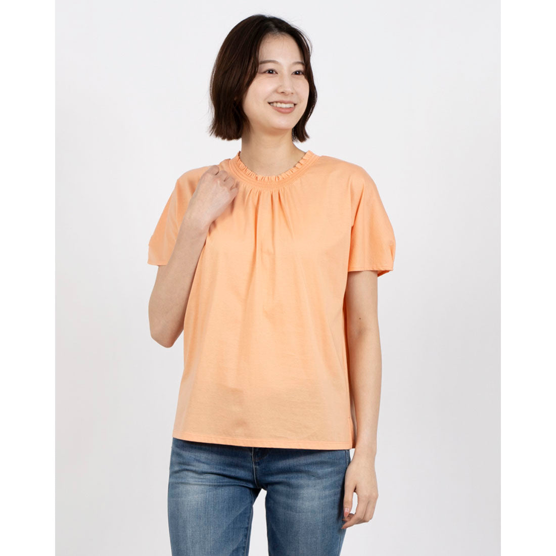 ミ・デゥー mi･deu･･･ シャーリンク衿半袖Tシャツ （オレンジ） オレンジ