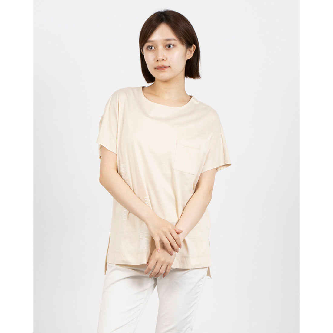 ミ・デゥー mi･deu･･･ 天竺ミニロゴフレンチ袖Tシャツ （ベージュ） ベージュ
