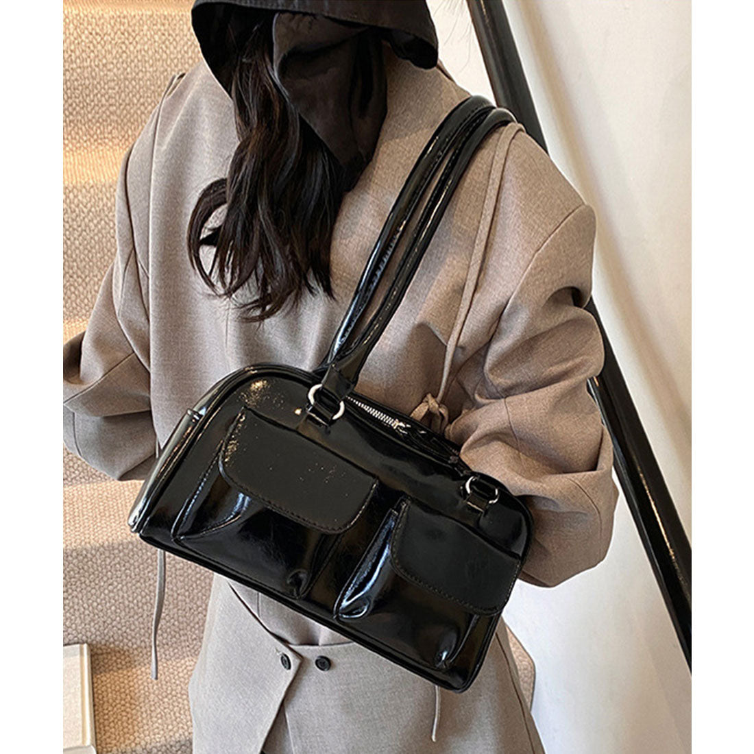 ロングハンドル肩掛けバッグ レディース鞄 ブラック