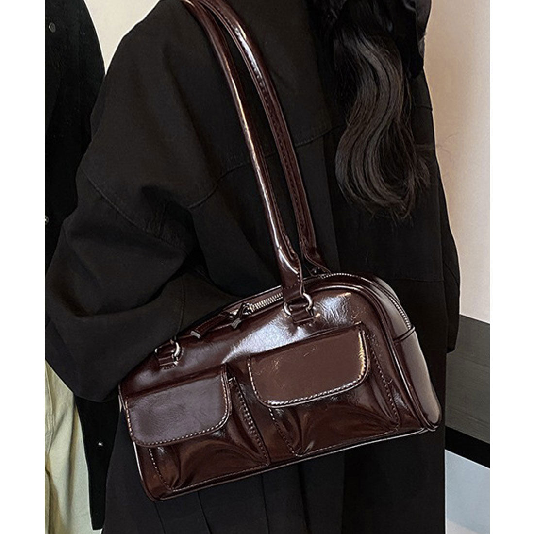ロングハンドル肩掛けバッグ レディース鞄 ダークブラウン