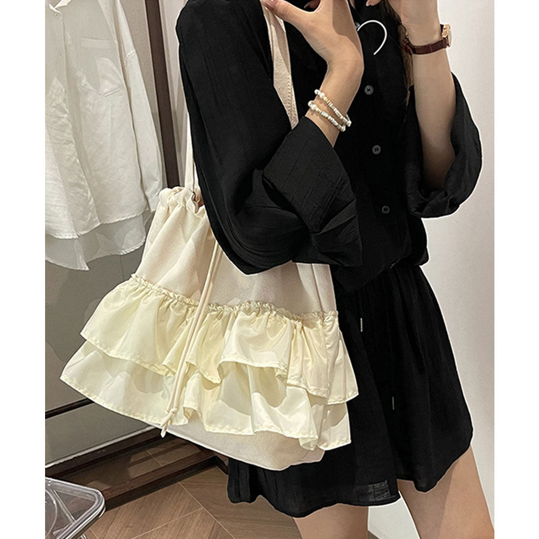 ミニミニストア miniministore ティアードフリルトートバッグ キャンバス （アイボリー） アイボリー