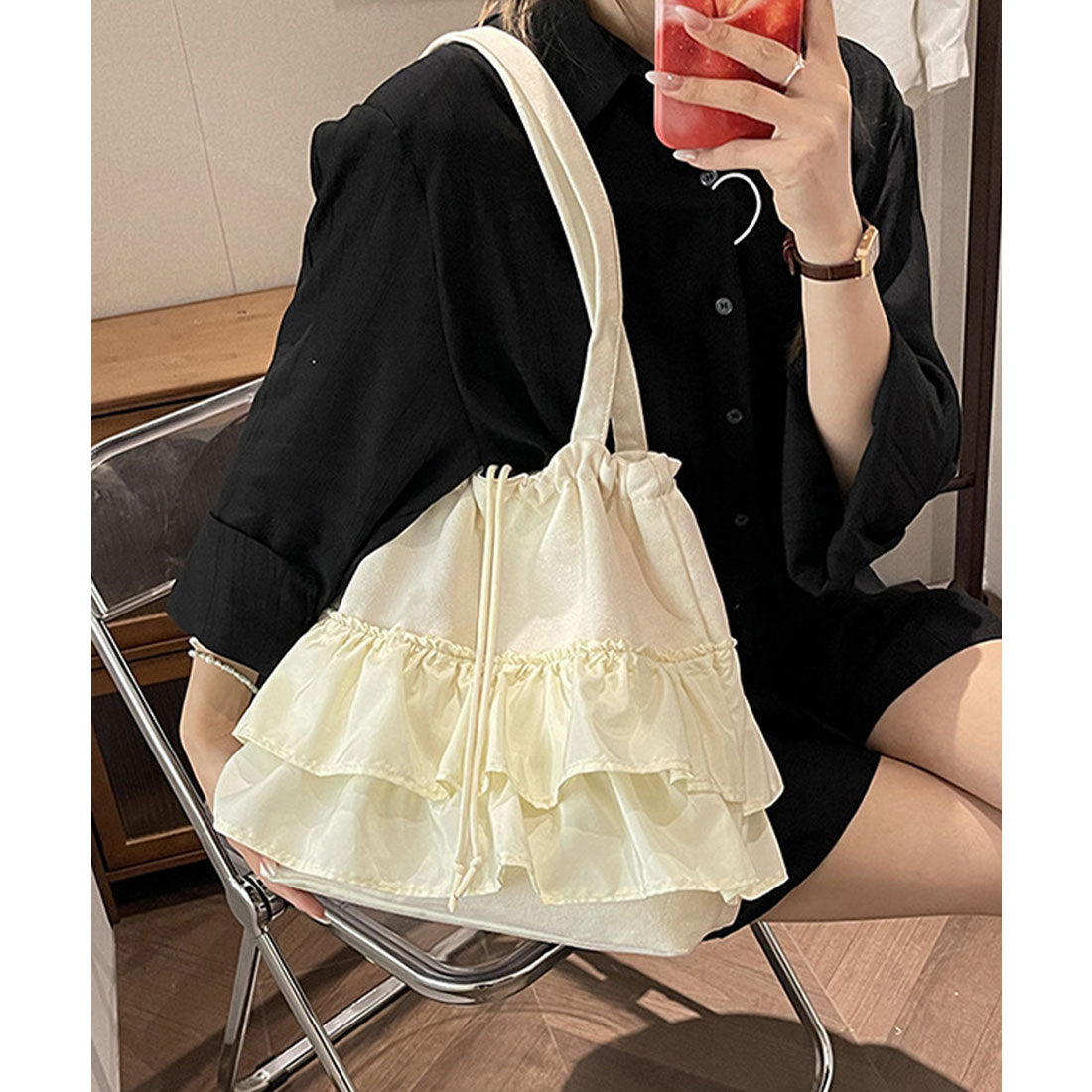 ミニミニストア miniministore ティアードフリルトートバッグ キャンバス （アイボリー） アイボリー
