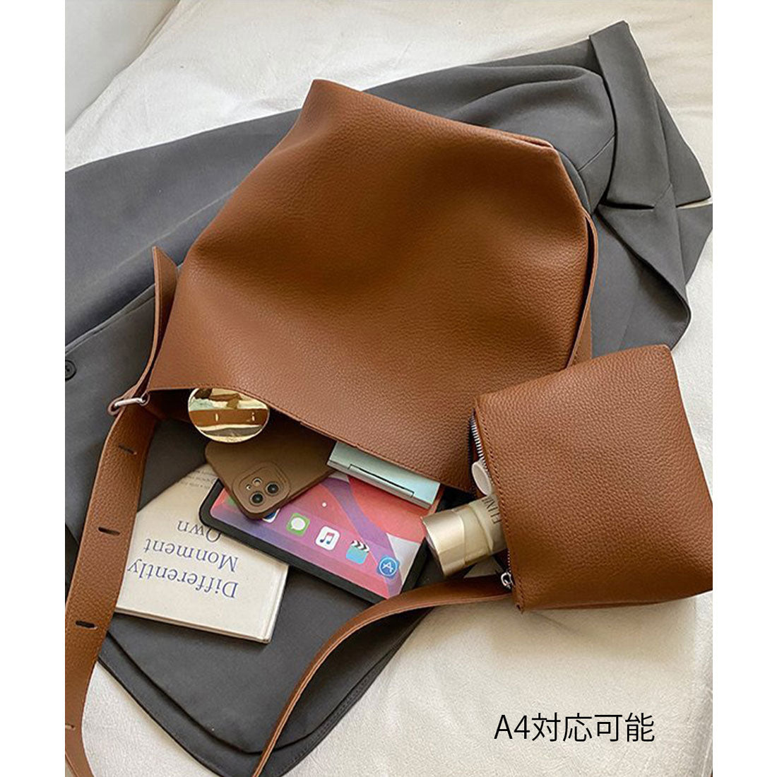 ミニミニストア miniministore 大容量トートバッグ ミニポーチ付き 上品 （キャメル） キャメル