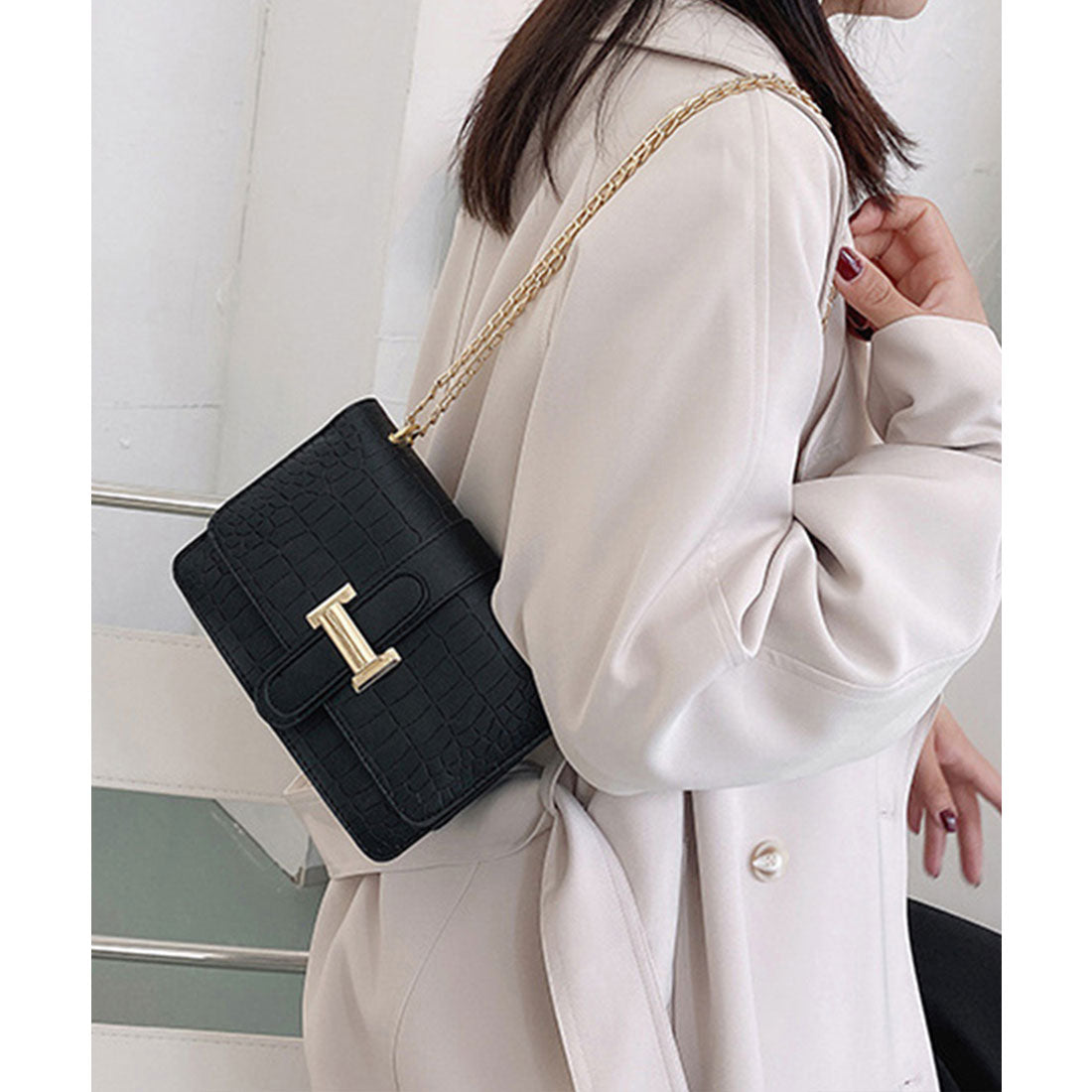 Crocodile embossed shoulder bag for women
