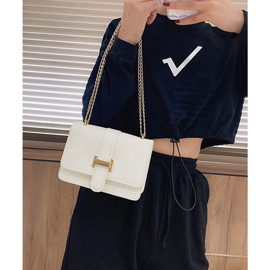 Crocodile embossed shoulder bag for women