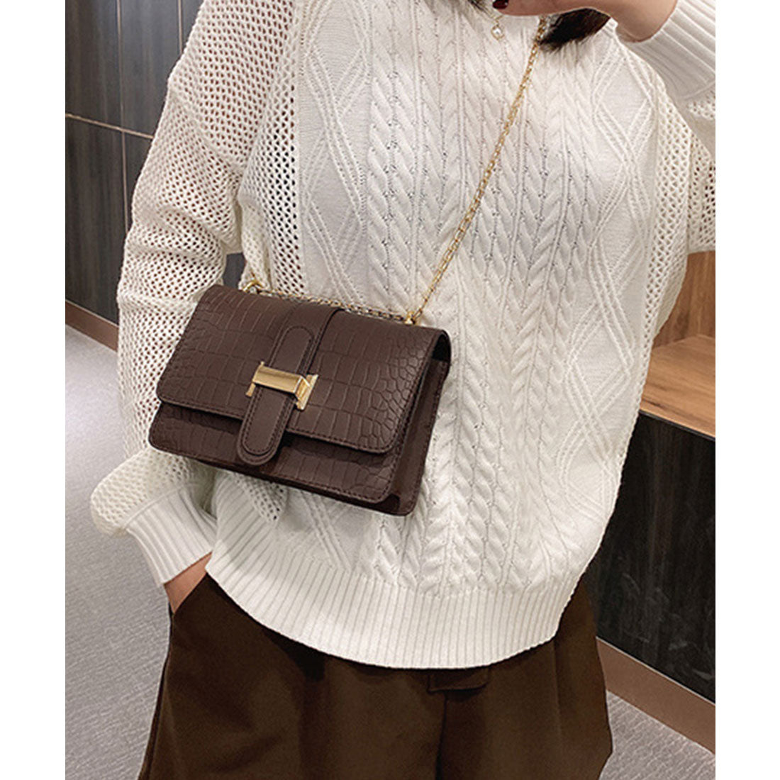Crocodile embossed shoulder bag for women