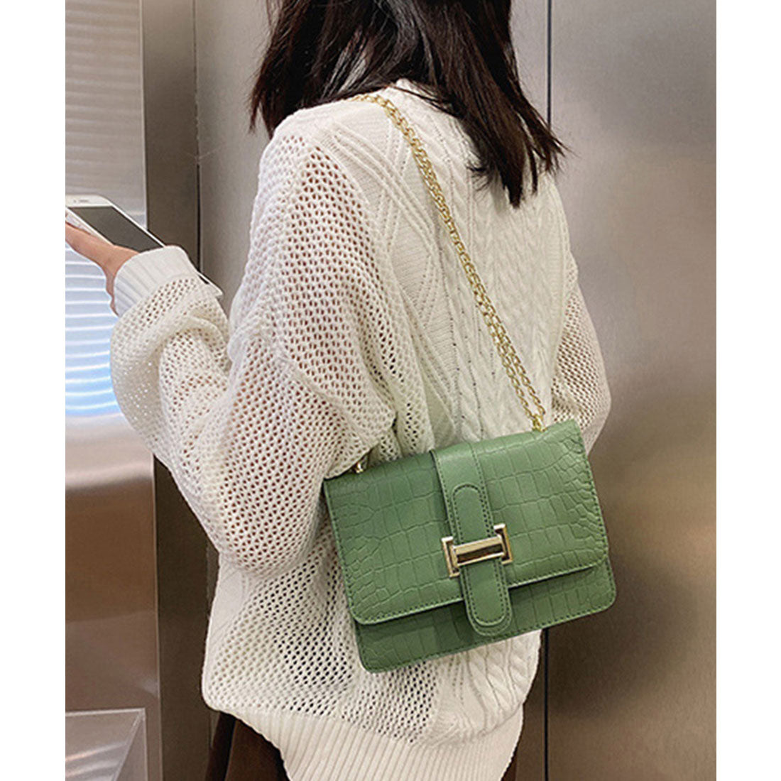 Crocodile embossed shoulder bag for women