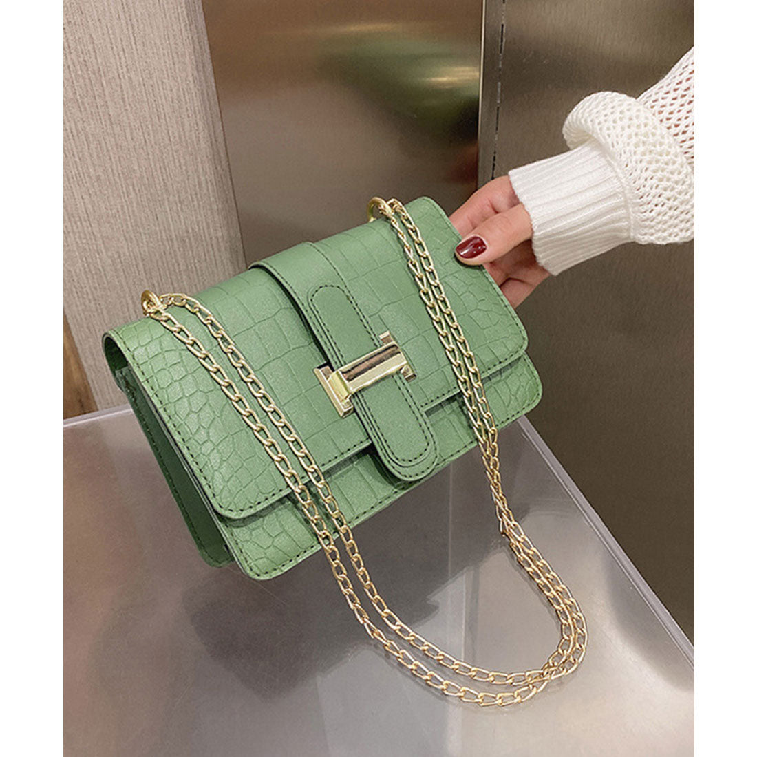 Crocodile embossed shoulder bag for women