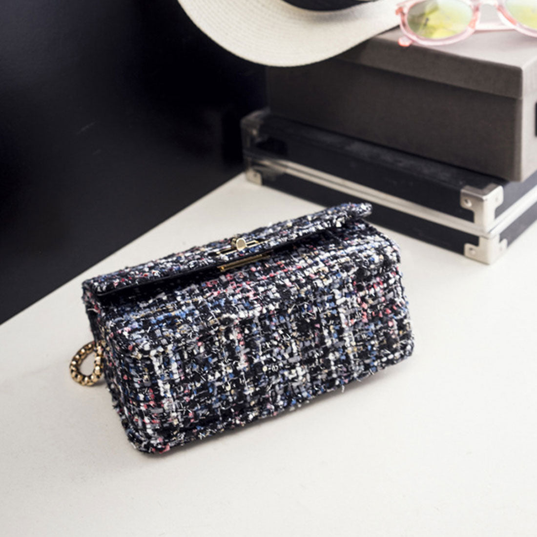 チェーンショルダーバッグ ツイード風上品 ブラック