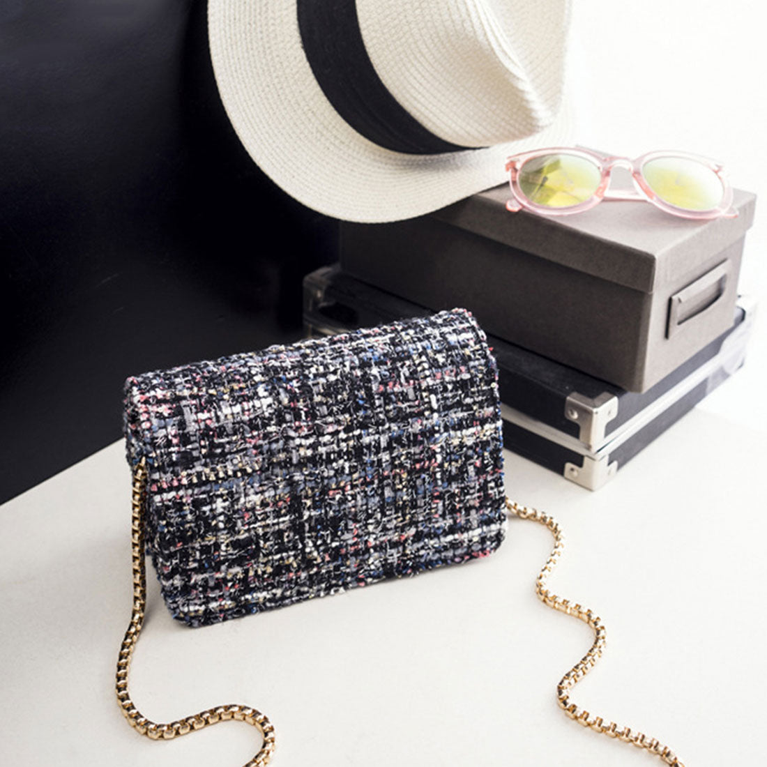 チェーンショルダーバッグ ツイード風上品 ブラック