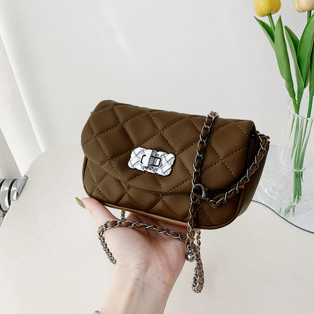 チェーンバッグ レディース キルティング,くすみブラウン