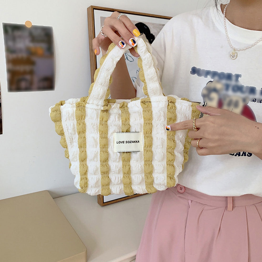 ミニトートバッグ ポップコーン軽量バッグ,イエロー