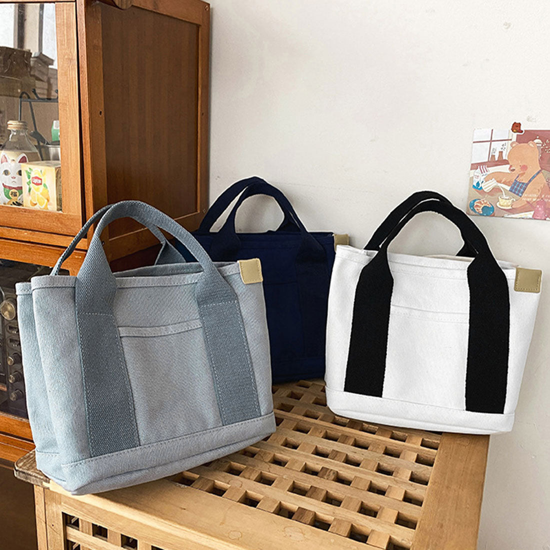 ミニ キャンバストートバッグ 帆布カバン ネイビー