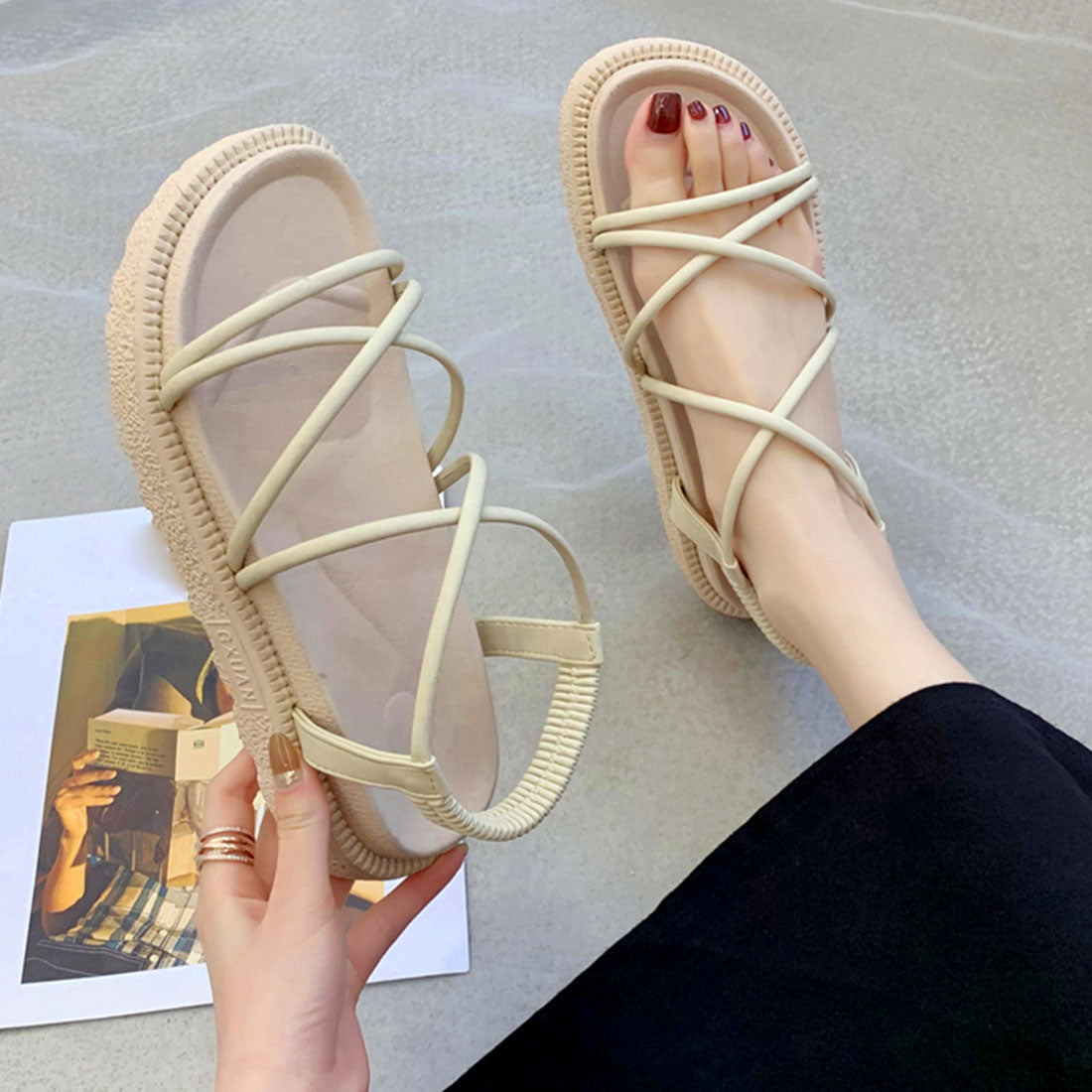 厚底サンダル サマー 履きやすい,ベージュ