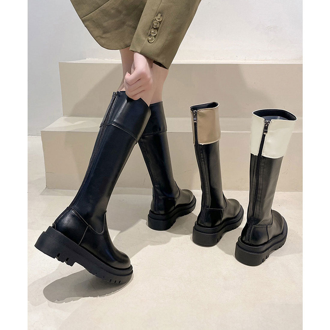 ミニミニストア miniministore 厚底ロングブーツ ジョッキー 韓国風 （アイボリー） アイボリー