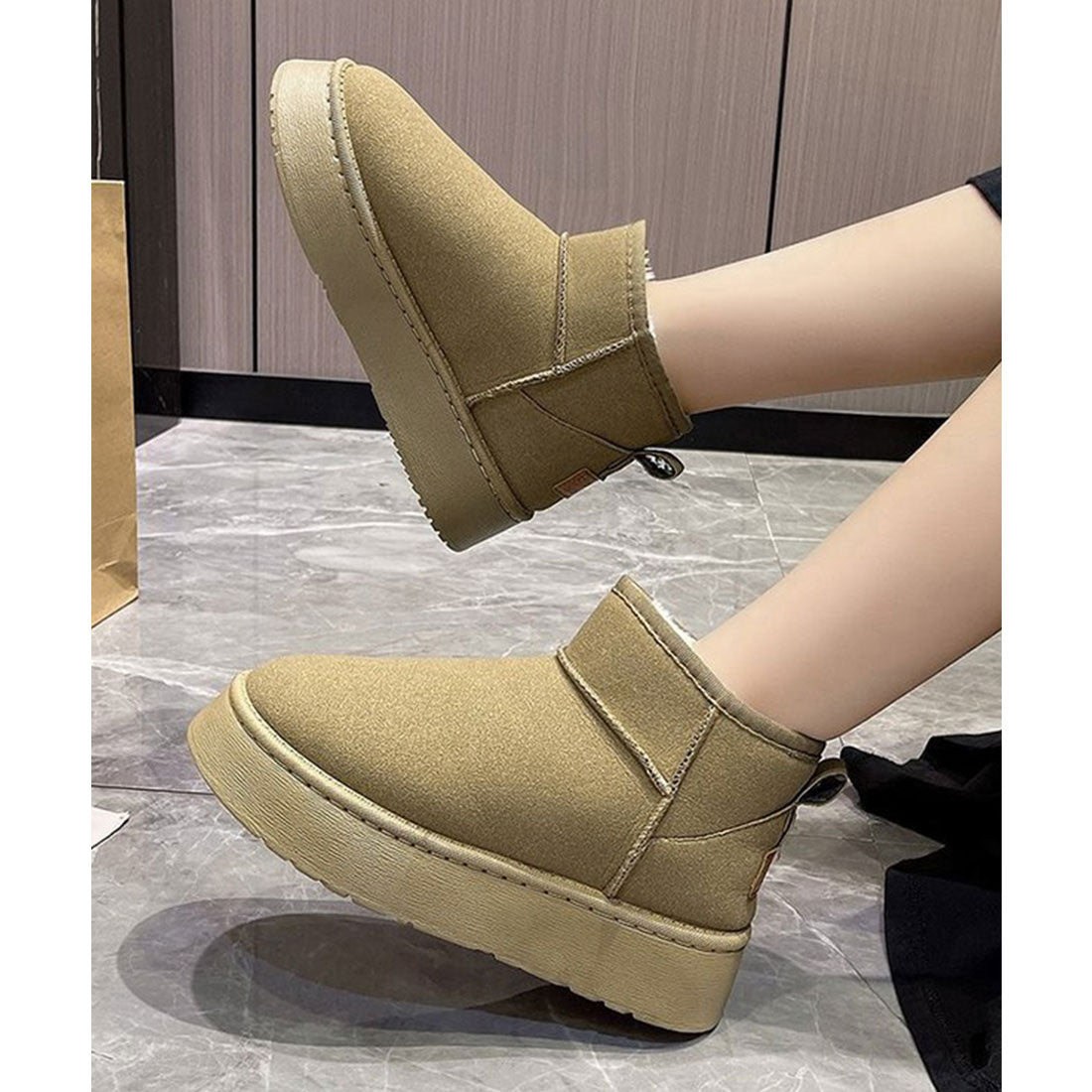 厚底ムートンブーツ 裏起毛ショートブーツ ベージュ