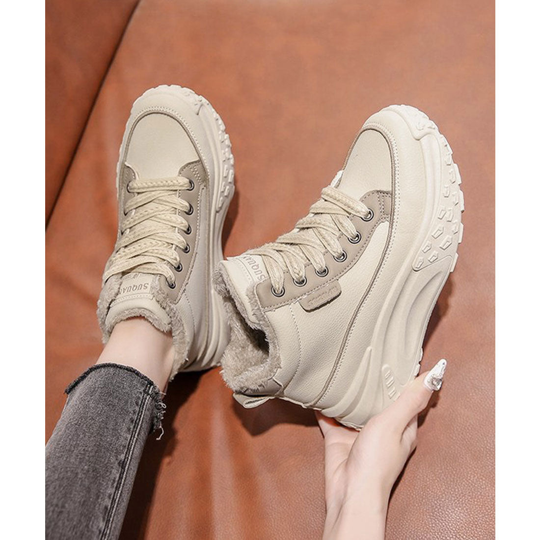 ミニミニストア miniministore 裏起毛 厚底スニーカー ハイカット韓国風 （ベージュ） ベージュ