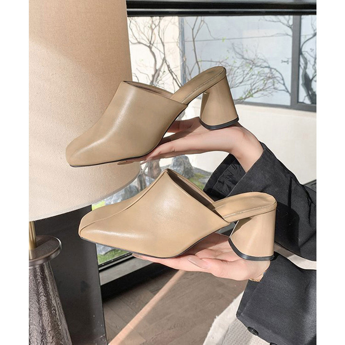 ミュールパンプス 太ヒール靴スクエアトゥ ブラック