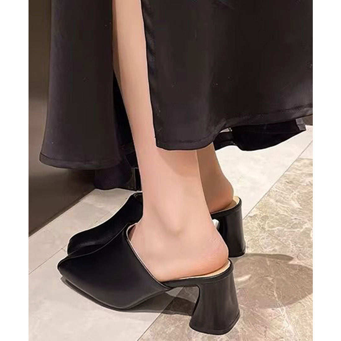 ミュールパンプス 太ヒール靴スクエアトゥ ブラック
