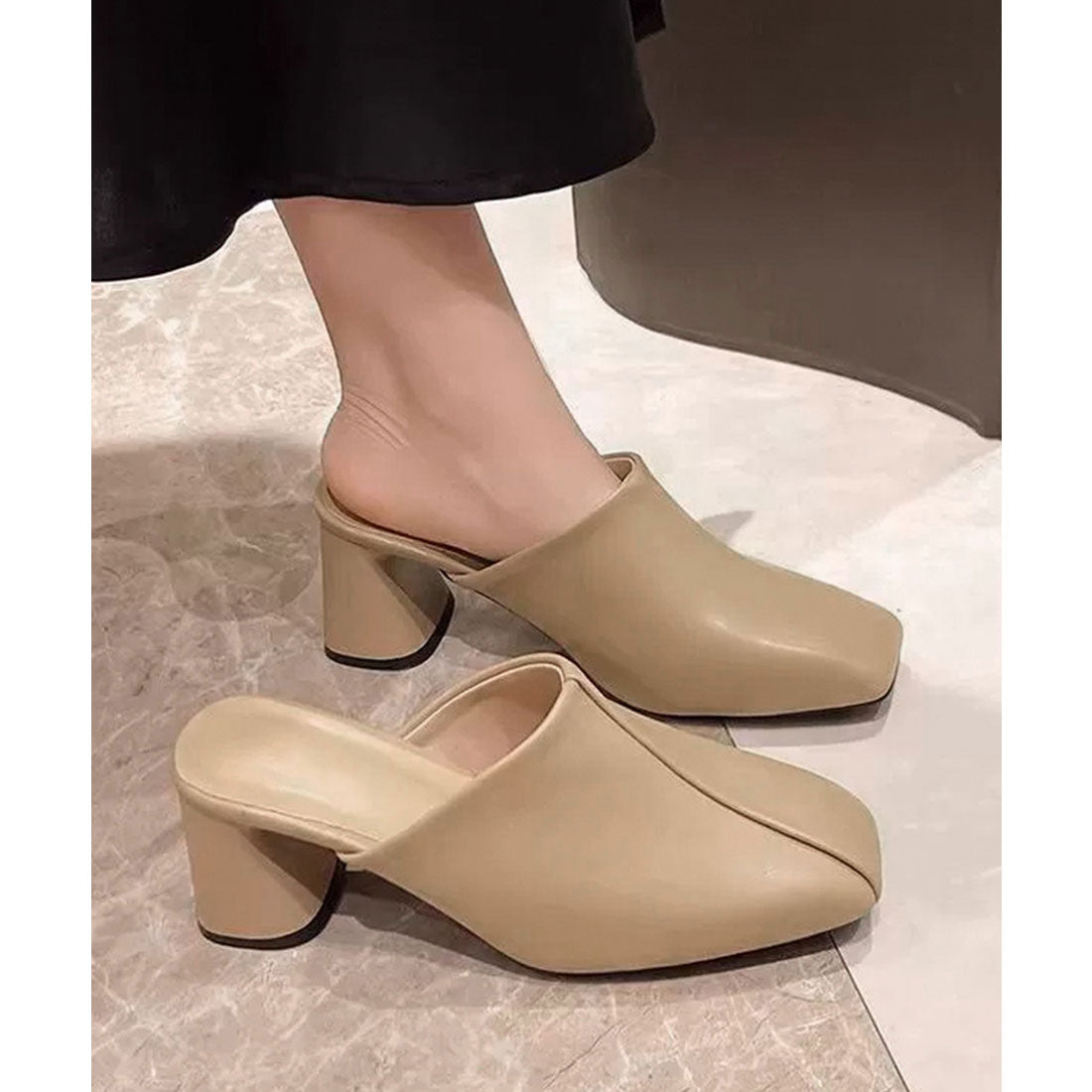 ミュールパンプス 太ヒール靴スクエアトゥ ベージュ