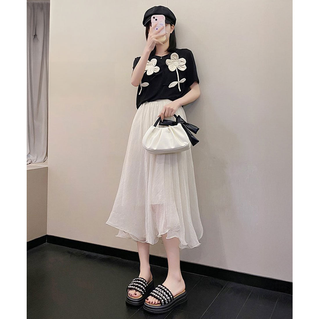 厚底サンダル パール付きフラットサンダル ブラック