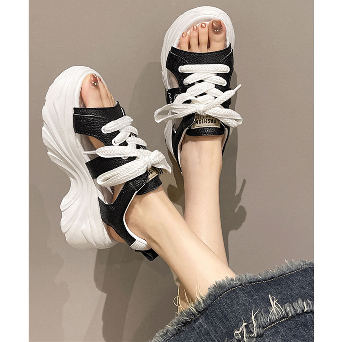 ミニミニストア miniministore レースアップスニーカーサンダル厚底靴美脚 （ブラック） ブラック