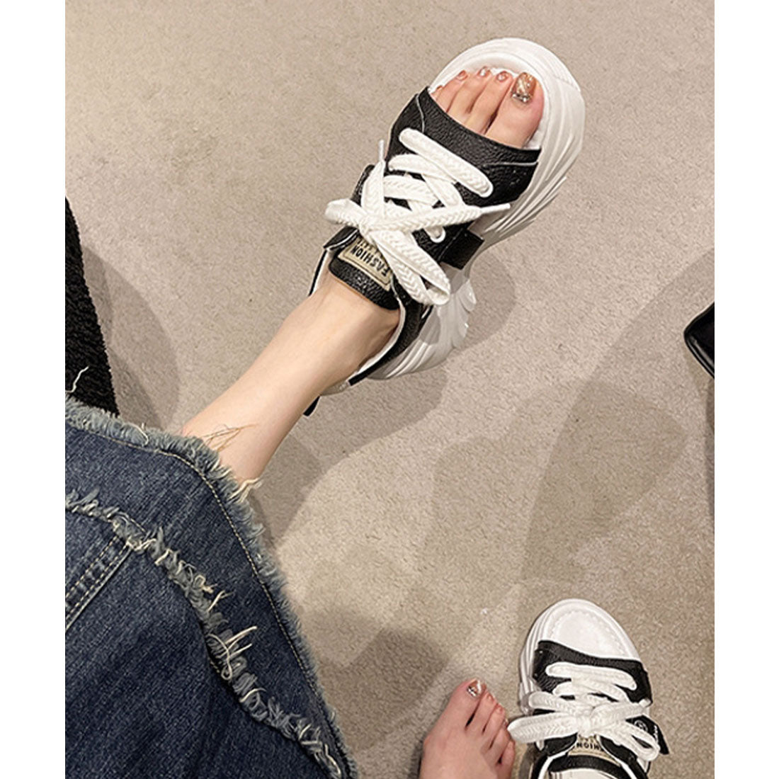 ミニミニストア miniministore レースアップスニーカーサンダル厚底靴美脚 （ブラック） ブラック