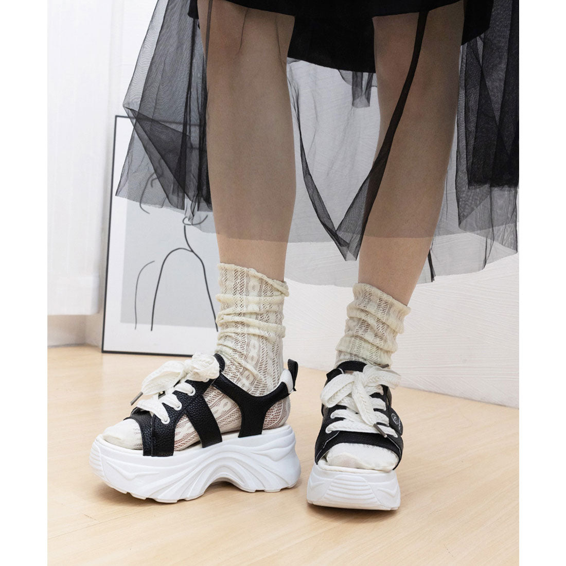 ミニミニストア miniministore レースアップスニーカーサンダル厚底靴美脚 （ブラック） ブラック