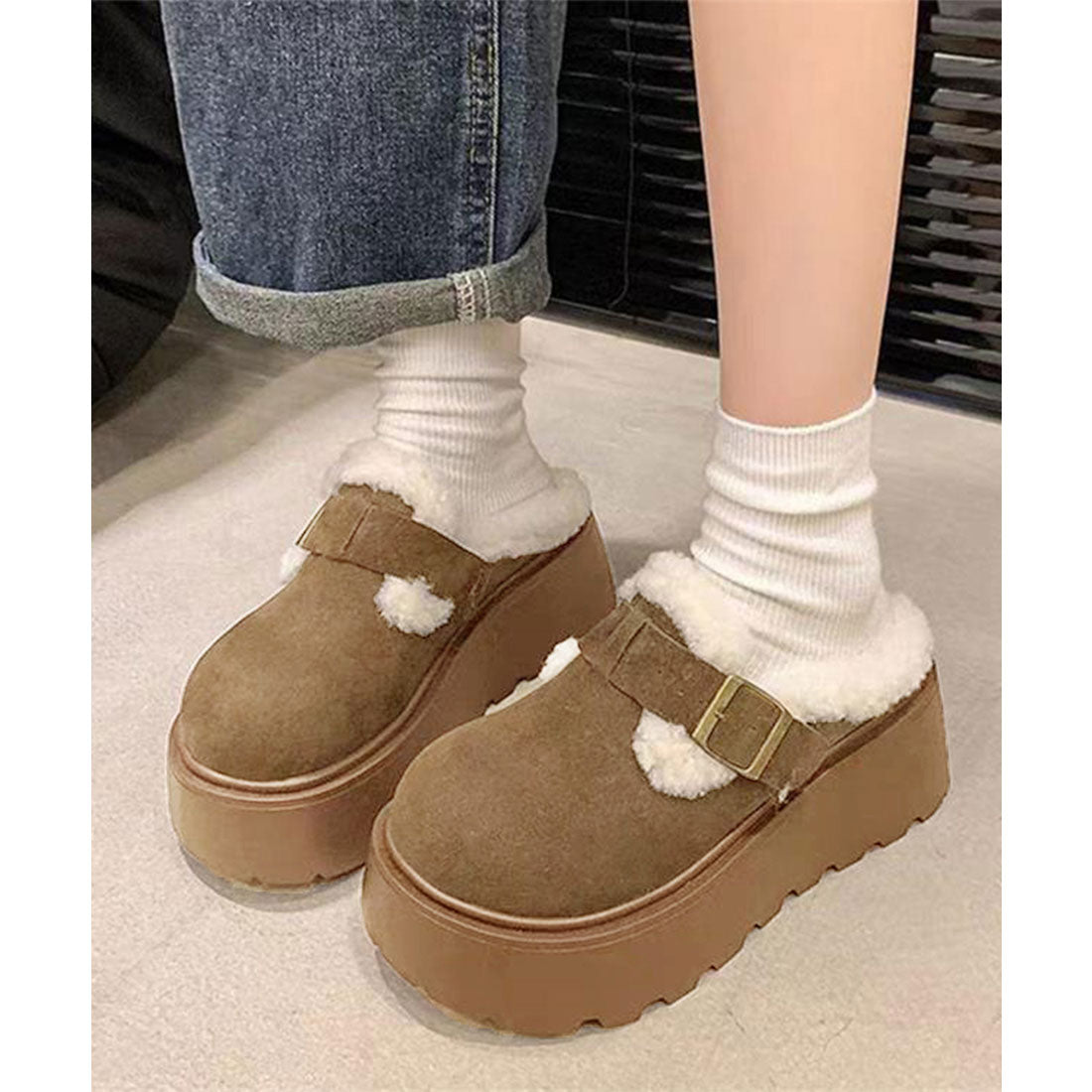 ミニミニストア miniministore ボア厚底モカシンレディースサボサンダル冬（キャメル） キャメル