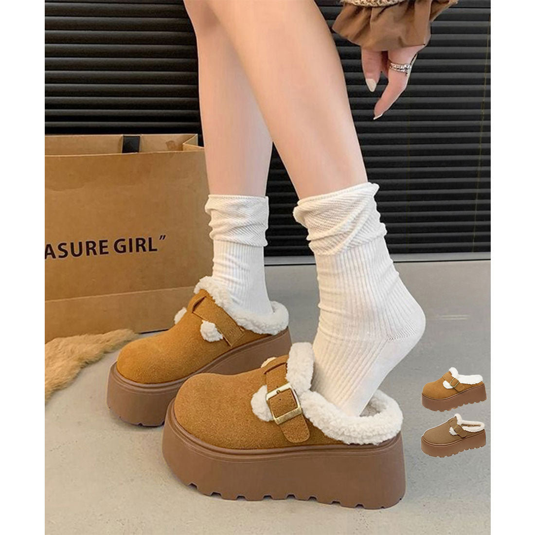ミニミニストア miniministore ボア厚底モカシンレディースサボサンダル冬 （ライトブラウン） ライトブラウン
