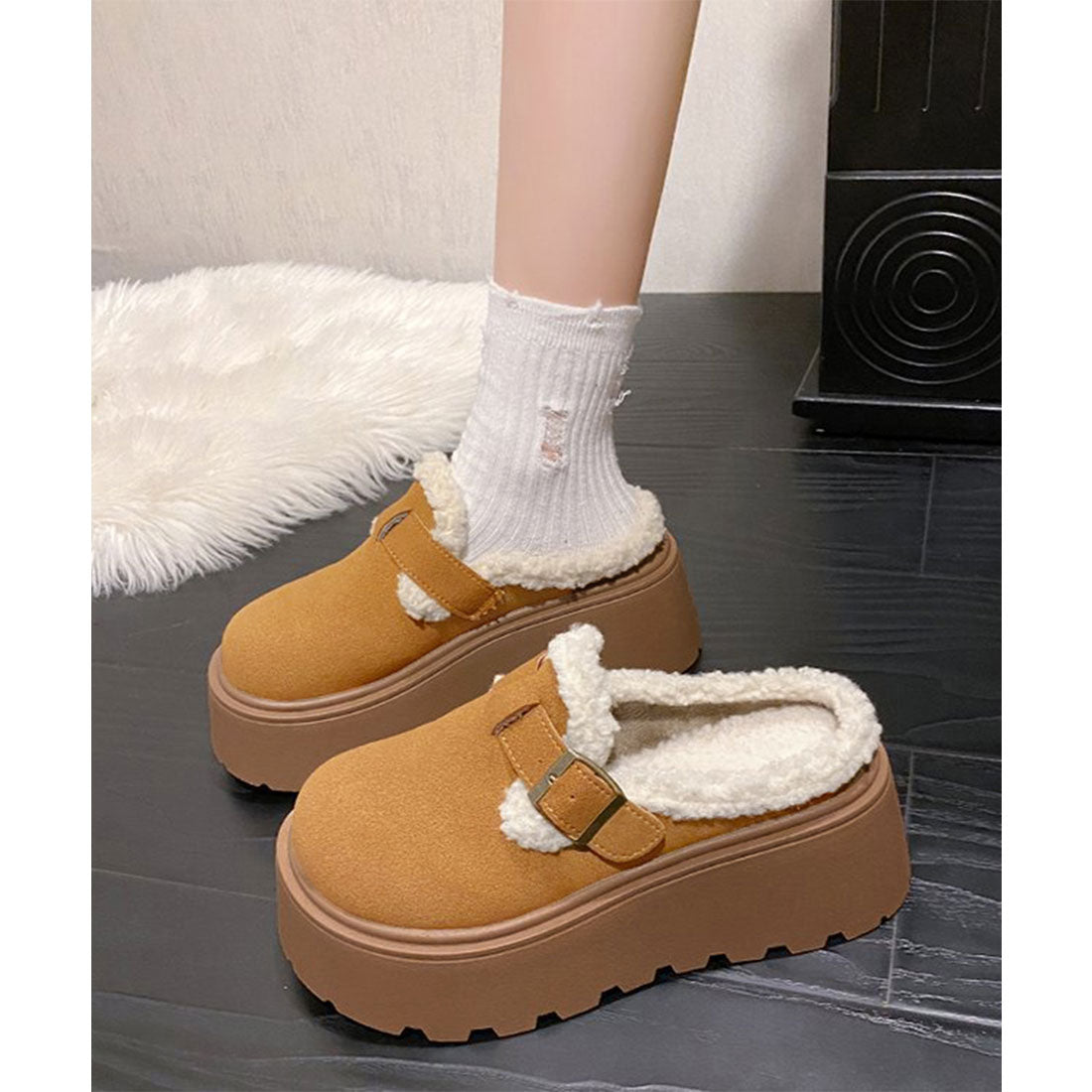 ミニミニストア miniministore ボア厚底モカシンレディースサボサンダル冬 （ライトブラウン） ライトブラウン