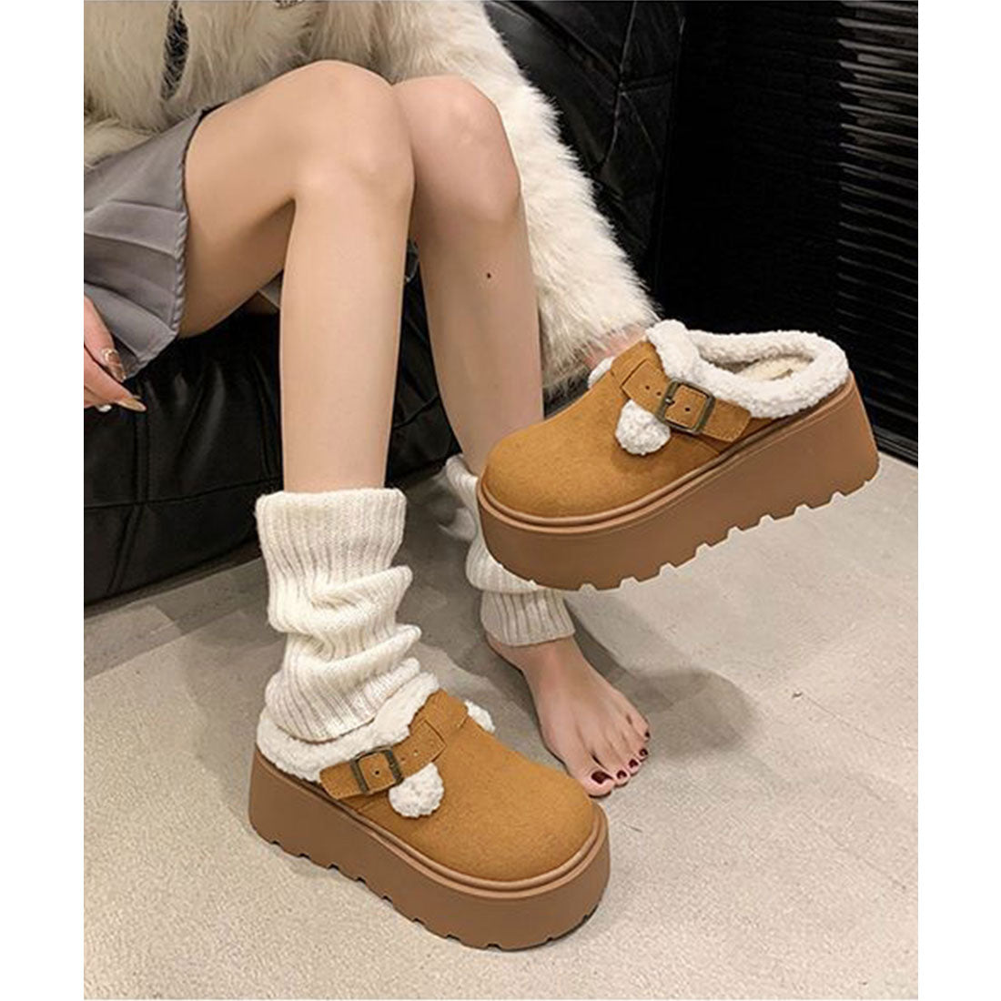 ミニミニストア miniministore ボア厚底モカシンレディースサボサンダル冬 （ライトブラウン） ライトブラウン