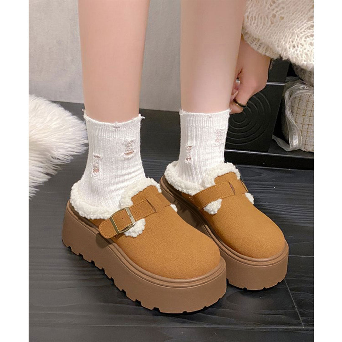 ミニミニストア miniministore ボア厚底モカシンレディースサボサンダル冬 （ライトブラウン） ライトブラウン